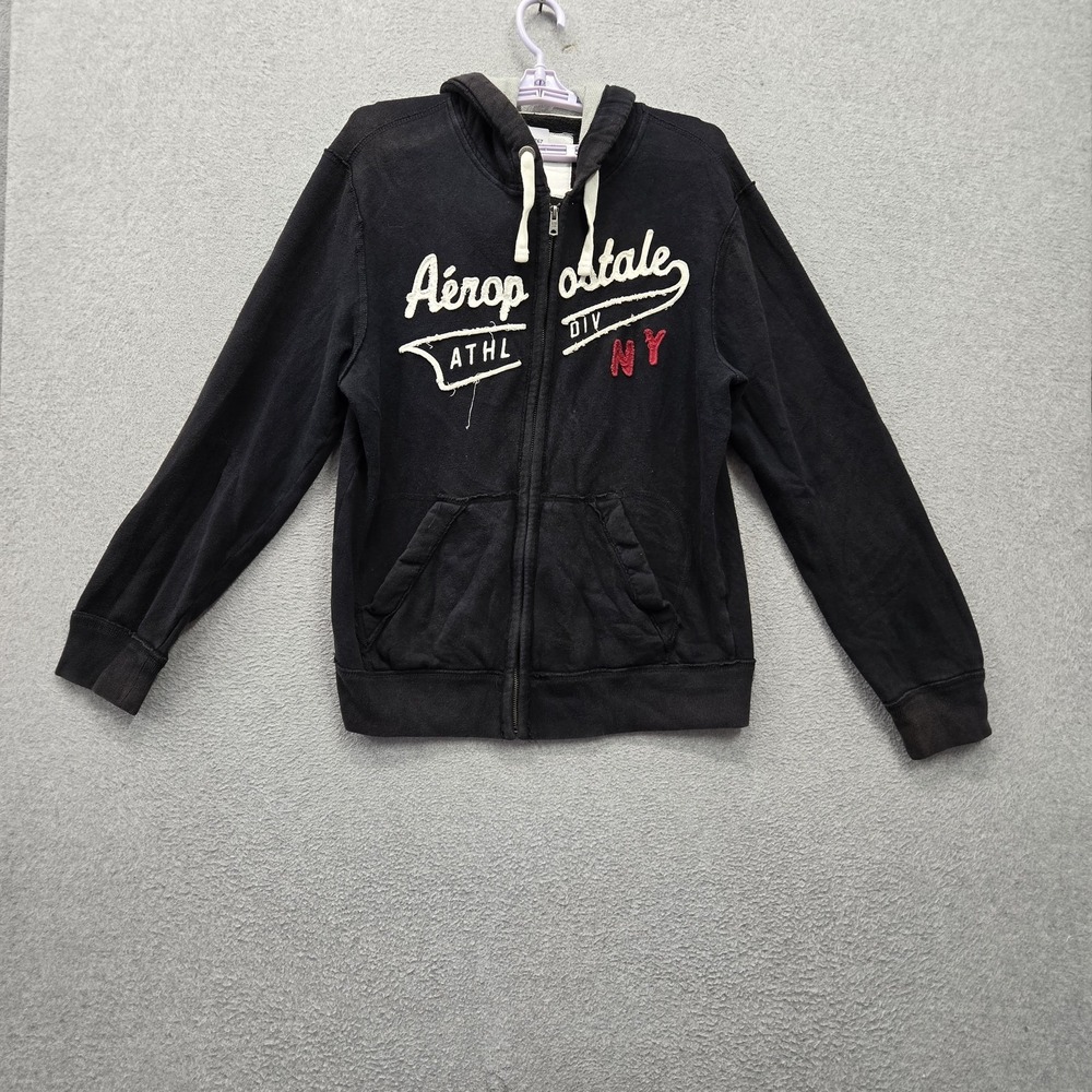 Aeropostale Men Hoodie M Black Y2K Logo Embroidered Fleece Full Zip Drawstring